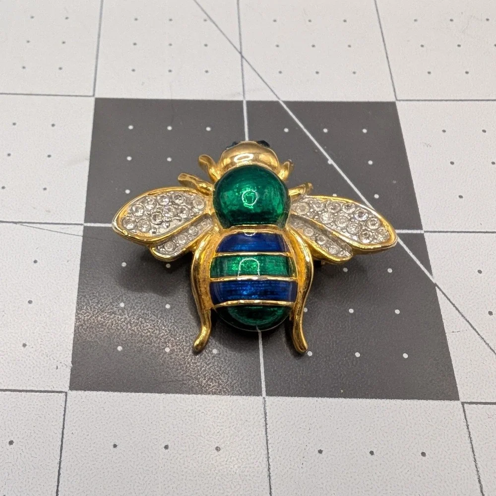 Enamel Bumble Bee Brooch‎ Gold Tone Green Blue Rhinestone Insect Pin vtg